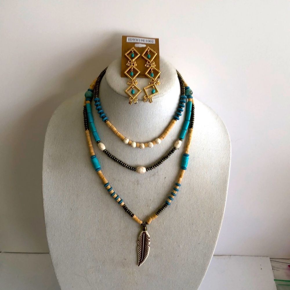 Nuri Faux Turquoise Wood‑Bead Feather Earrings – Brand New – Boho Style